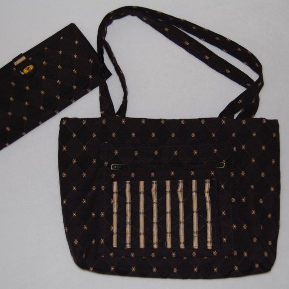 NEW Handmade Bag with Wallet, Size M, Navy Black with Tan Flower Pattern - Picture 2 of 11